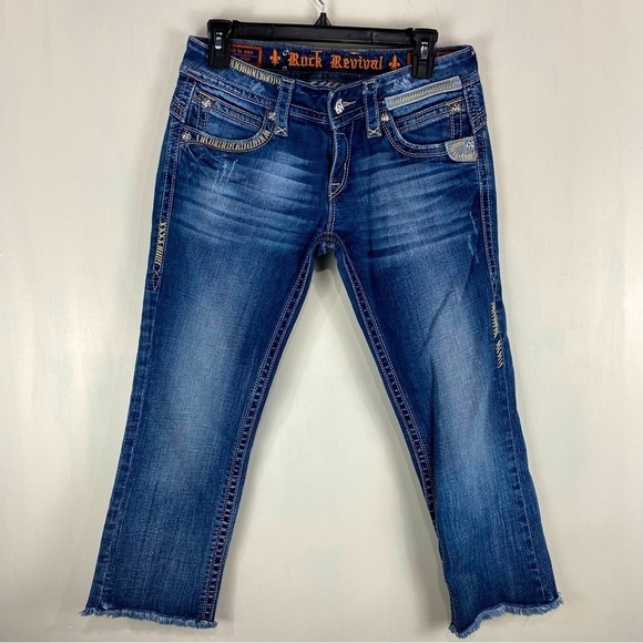 Rock Revival Women Gwen Capri Dark Wash Frayed Raw Hem Denim Jeans Pants Size 28 - Picture 1 of 6